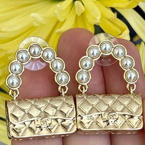 New!Chanel Flap Bag Stud Earrings Metal and Faux Pearls Gold
